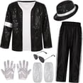 thumbnail image 2 of Pop Super Star Costume 5pcs Set, 80s Retro Black Sequin Jacket Trousers Hat Glove, Stage Outfit Halloween, 2 of 6
