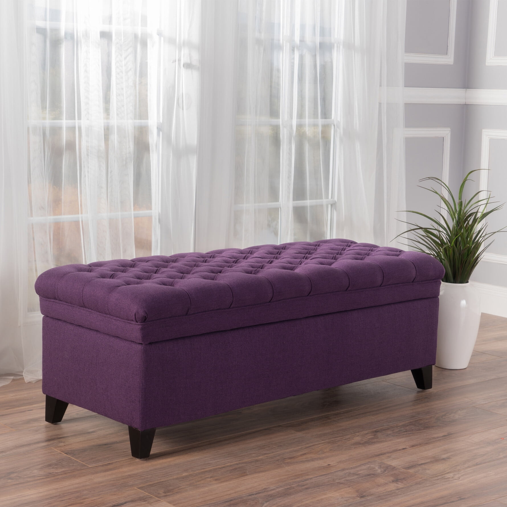50" Storage Ottoman, Storage Ottoman Bench with Wooden Legs and Safety Hinge, Tufted Entryway Bedroom Bench, Holds up to 330 lb, for Living Room, Bedroom, Purple