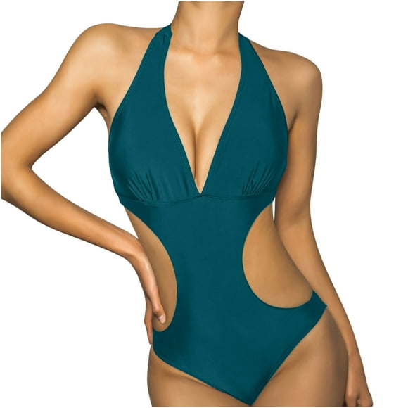 Babysbule Swimsuits for Women Clearance Fashion Casual Women's Deep V One-Pice Bandage Solid Color Halter Neck Sexy Swimsuit