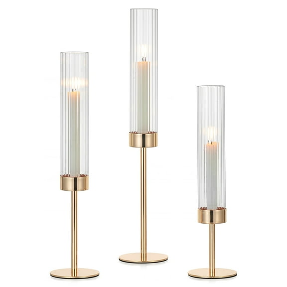 Glasseam Set of 3 Brass Hurricane Candle Holders: Windproof Taper Candle Sticks Holder with Weighted Base for Wedding Christmas Decor (14.5"-19")