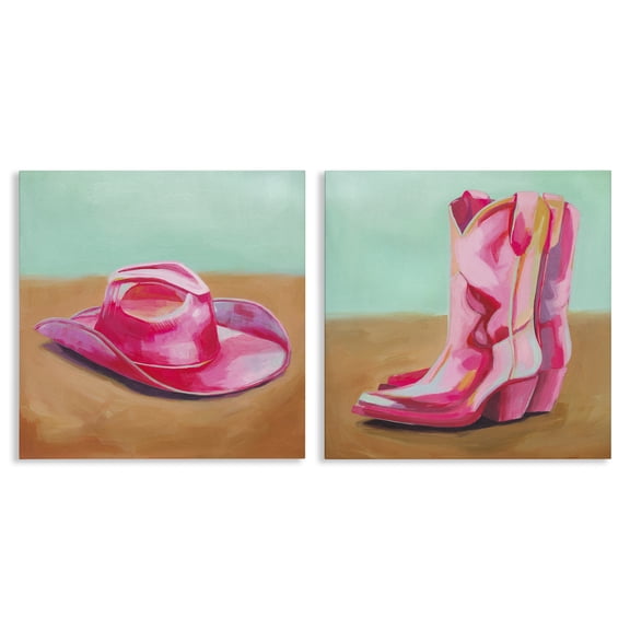 Stupell Industries Pink Theme Cowgirl Fashion Entertainment Painting Wrapped Canvas Art Print Wall Art, 17 x 17, Set of 2