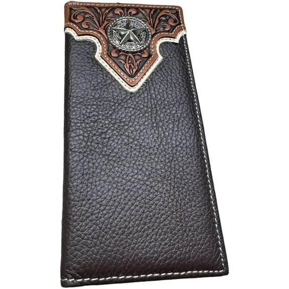 Mens Long Wallet Coffee Leather Soft Leather Tooled Checkbook Style Cowboy Hand Crafted High End Mens Wallets Leather Lone Star Concho