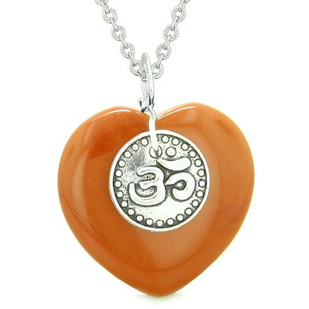 Red Jasper Heart Necklace - Magic OM Tibetan Spiritual Powers Puffy Heart Amulet Red Jasper Pendant 18 inch Necklace