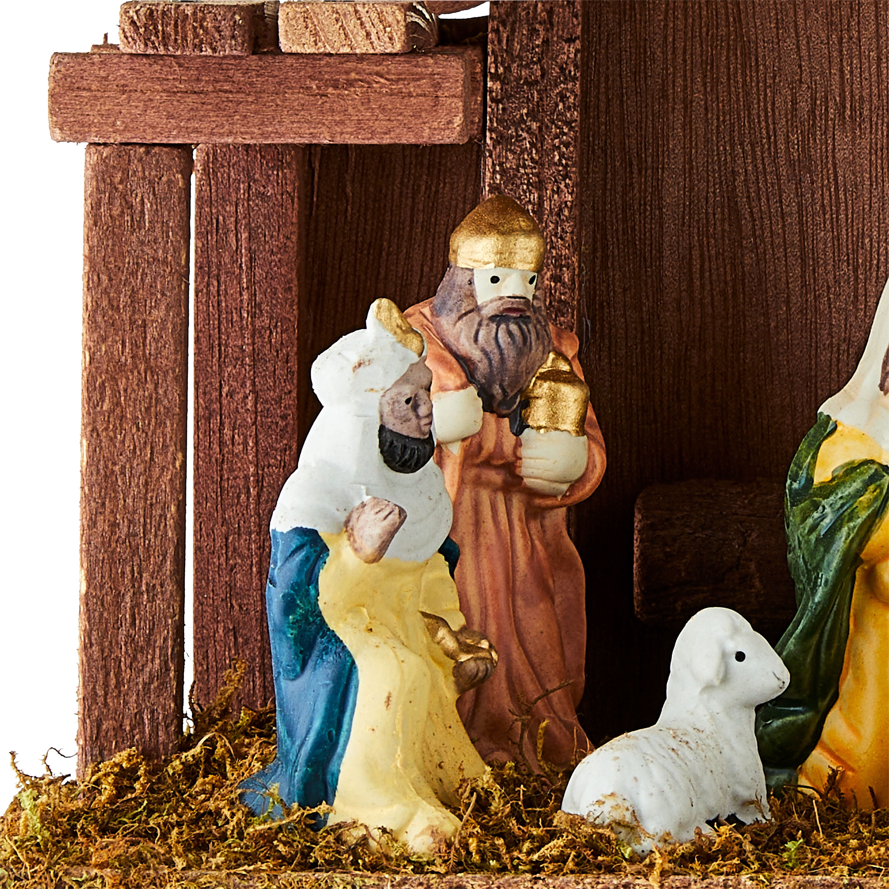 Porcelain Nativity Scene with Wooden Stable, 11 Pieces, Holiday Time