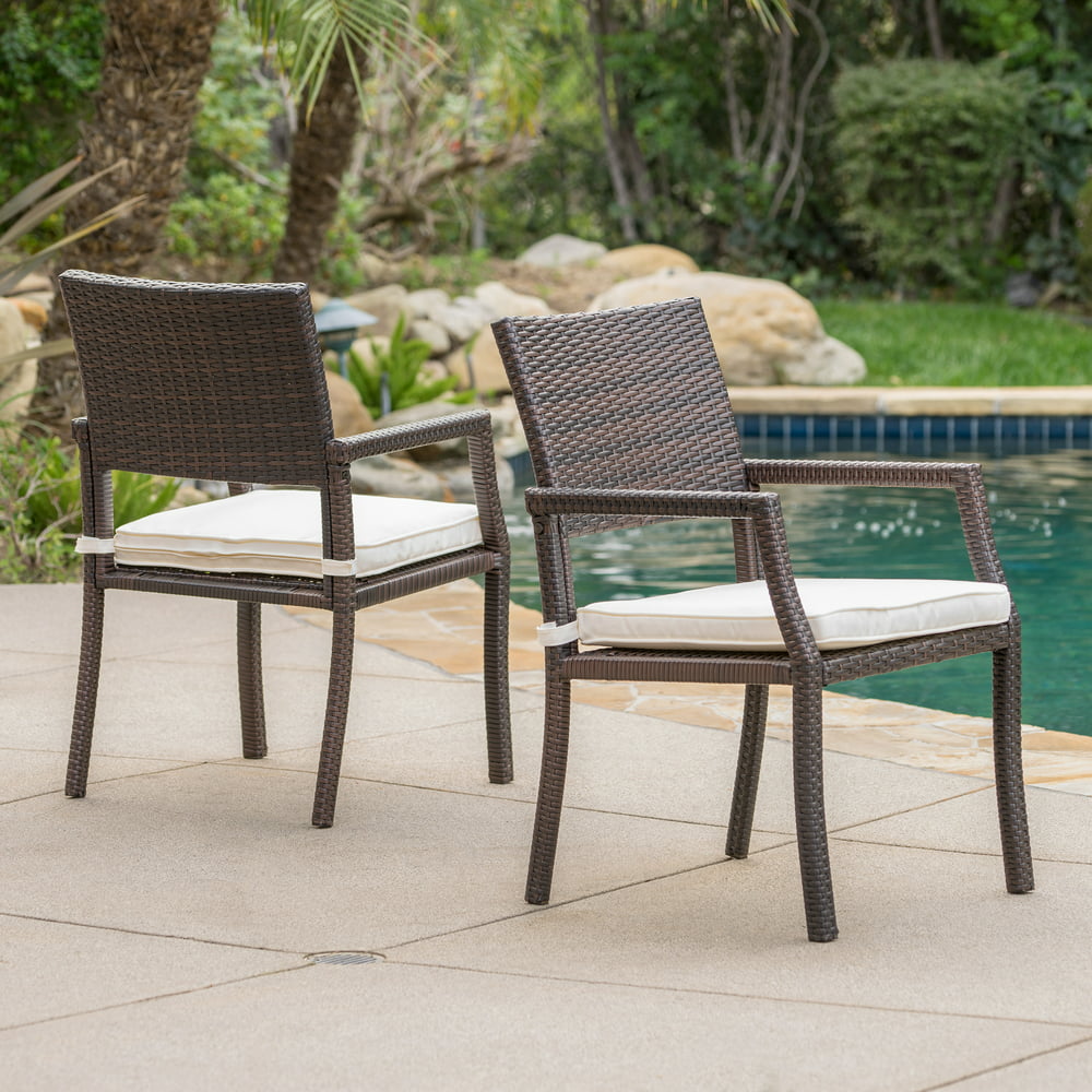 Outdoor Brown Wicker Dining Chairs with White Water Resistant Cushions
