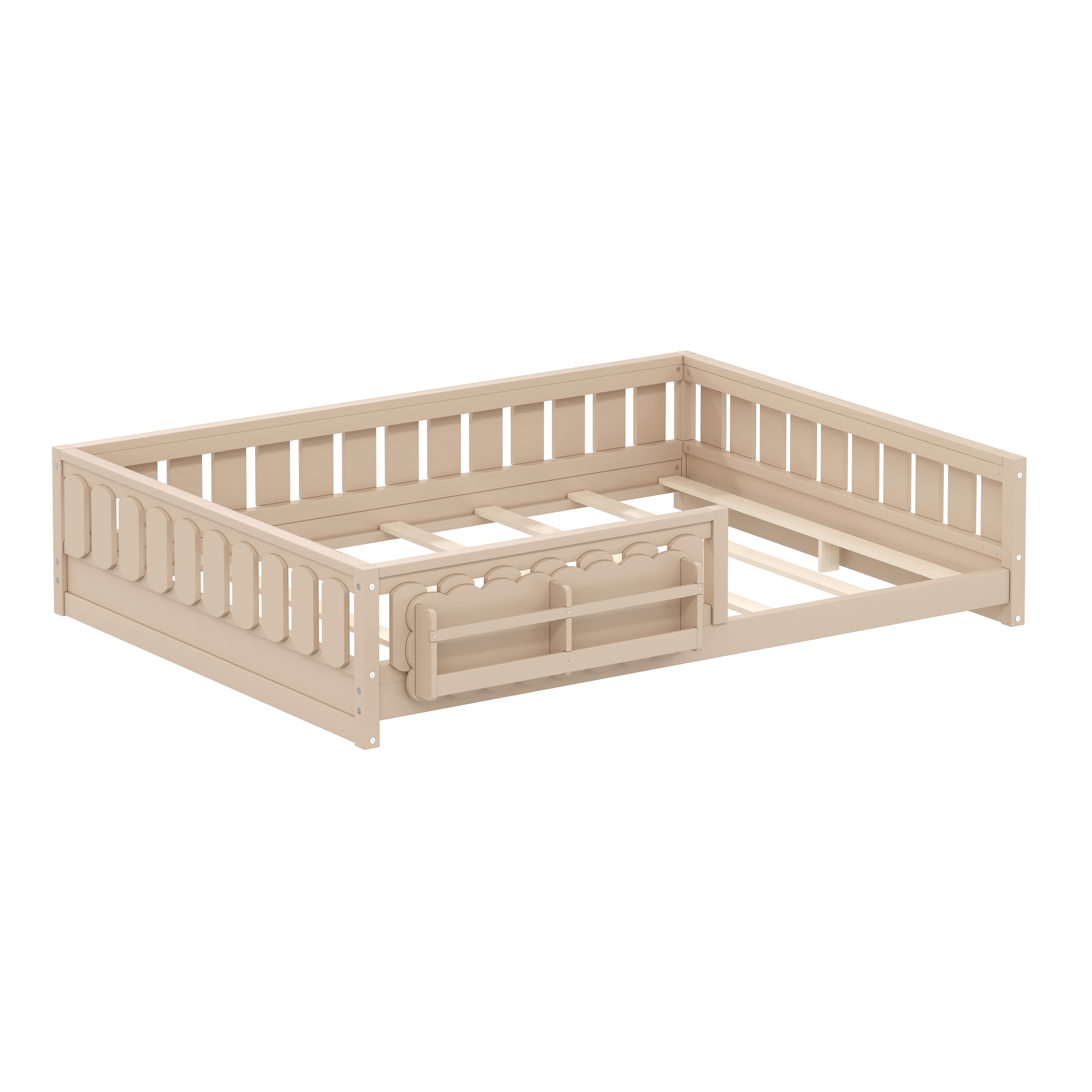 Euroco Wood Full Size Platform Bed with Shelves, Floor Bed with Guardrails, Natural