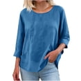thumbnail image 5 of LangJing Women's Long Sleeve Cotton Linen Tops Summer Casual Round Neck Tunic Top Loose Fit Comfy Dressy Blouses with Pockets Blue,XL, 5 of 7