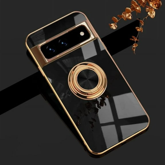 Compatible with Google Pixel 8 Pro Case with Rotatable Magnetic Ring Holder Kickstand, Soft TPU Plating Rose Gold Electroplated Shockproof Protective Phone Case Cover