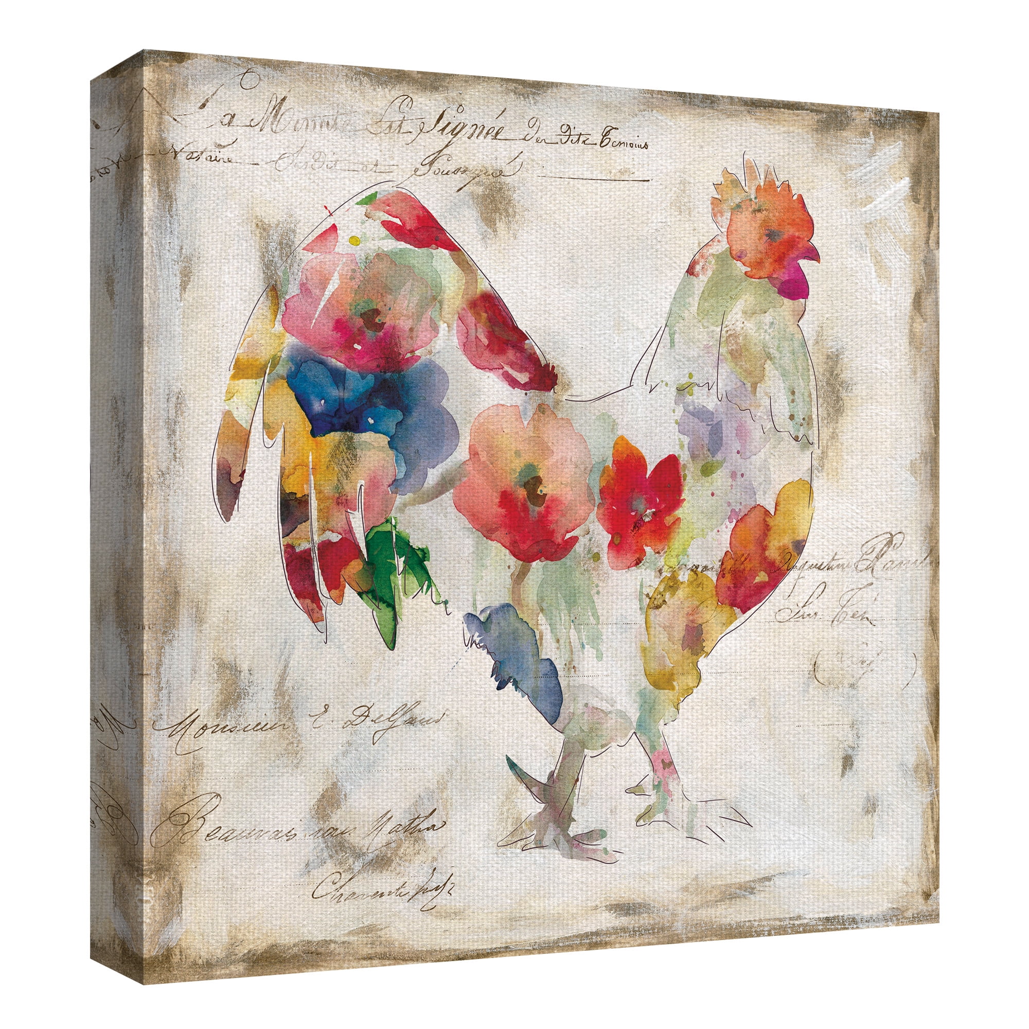 Flowered Hen & Rooster by Carol Robinson Canvas Art Painting Print Set of 3