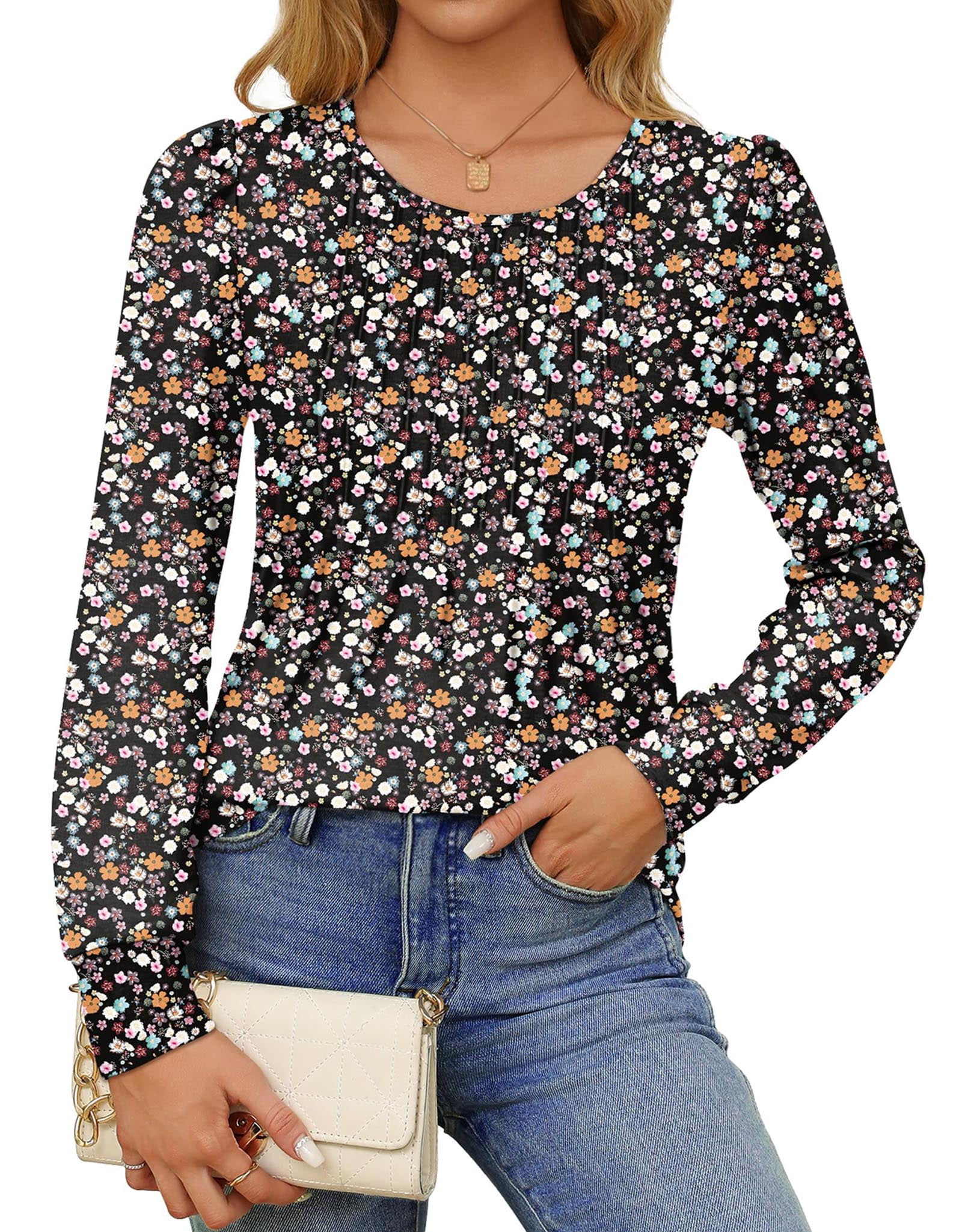 Fantaslook Pleated Blouses for Women Dressy Casual Long Sleeve Shirts Fall Tunic Tops
