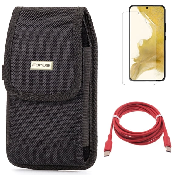 Case Belt Clip & Matte Screen Protector & Red 6ft Long Cable for Samsung Galaxy S22 (6.1") - Rugged Holster & TPU Film Anti-Glare & USB-C to Type-C PD Fast Charger Accessory Bundle
