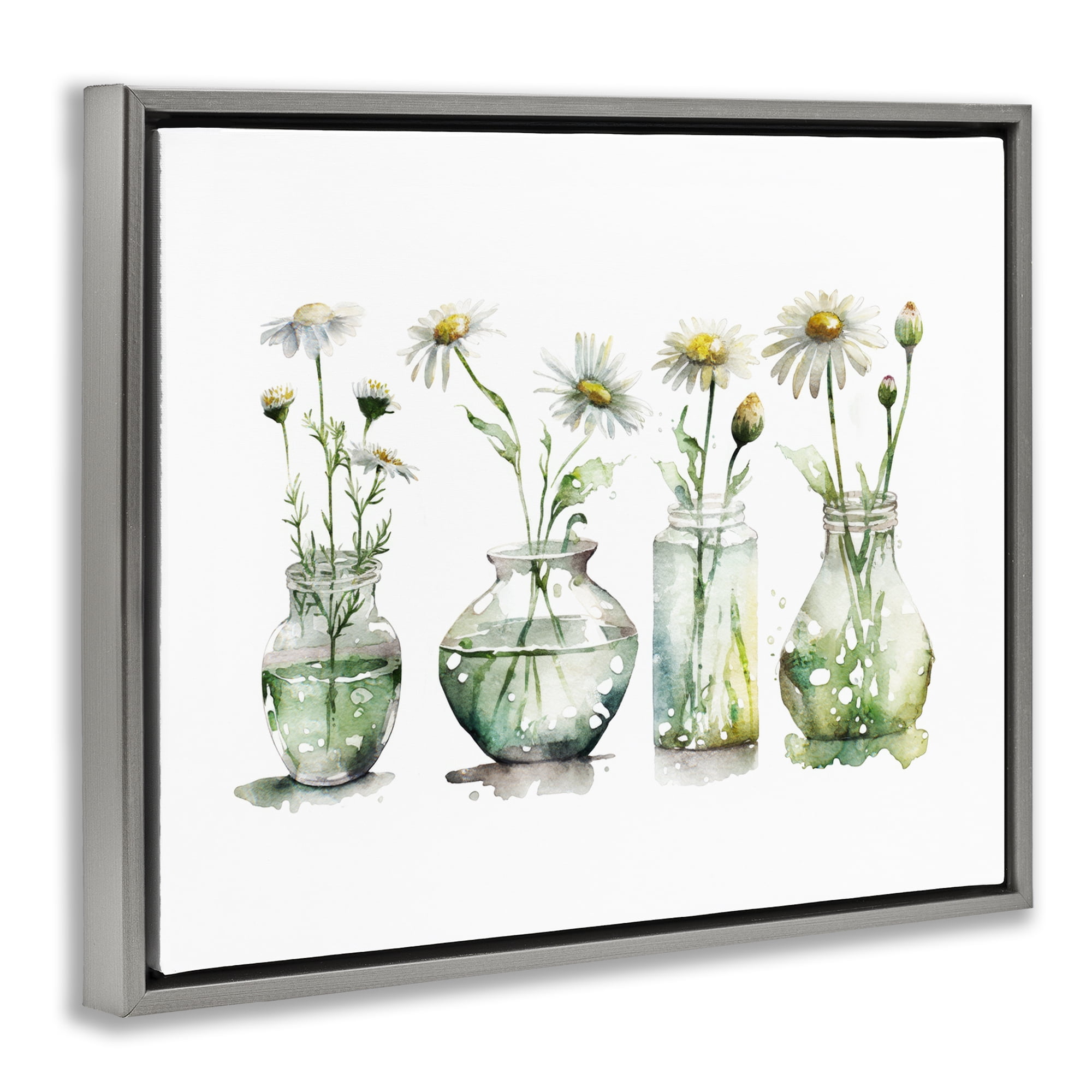 Stupell Industries Glass Vases Daisies Plants & Flowers Painting Gray Floater Framed Canvas Art Print Wall Art, 21 x 17
