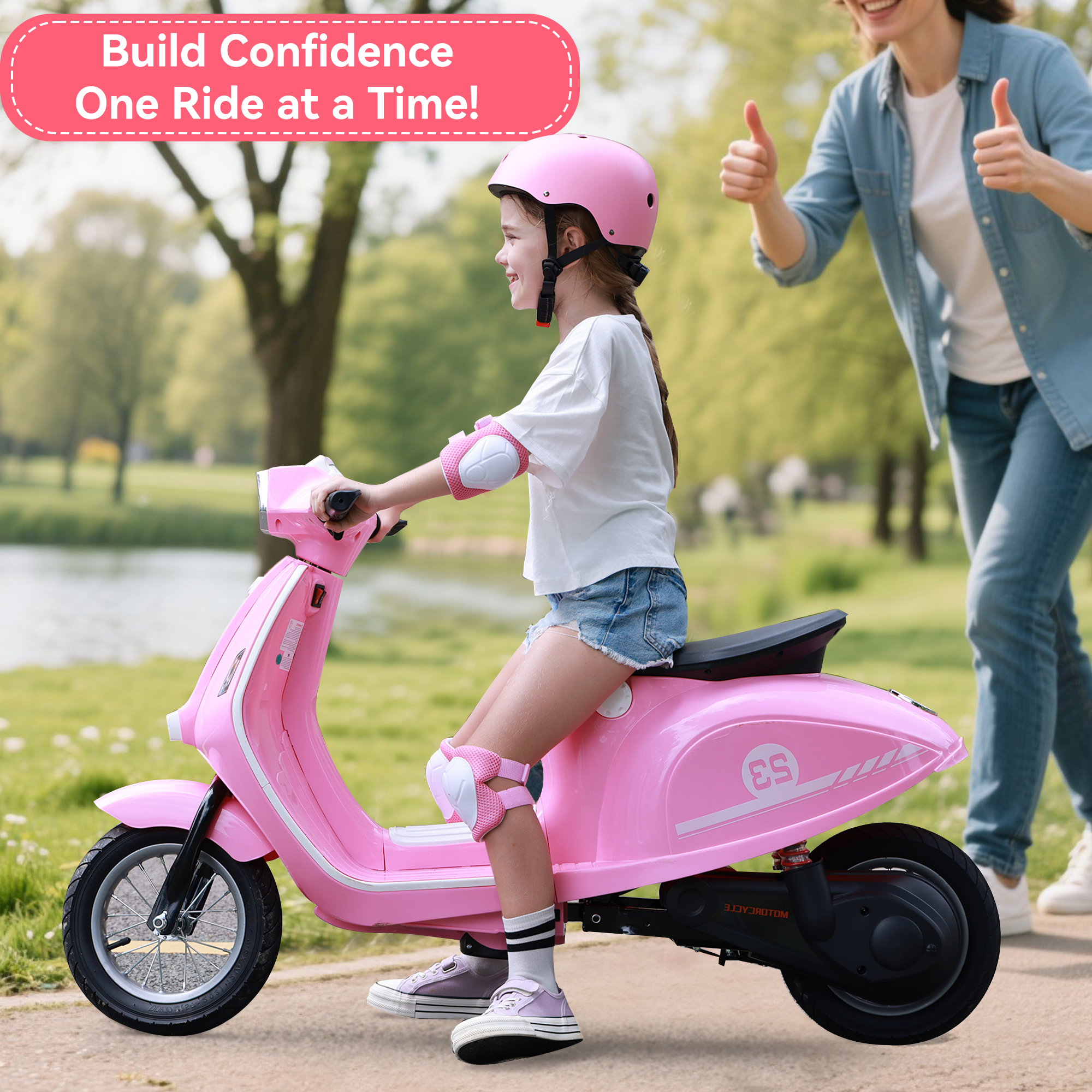 ORFELD 24V  Dirt Bike, Kids Electric Motorcycle, Retro-Style Ride-On Toy for Ages 8-15, 14MPH Max Speed, LED Lights & Music, All-Terrain Tires, Pink