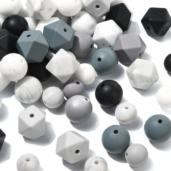 DanLingJewelry 100Pcs Black White Grey Silicone Focal Beads Round Hexagon Loose Rubber Silicone Beads for DIY Keychains Jewelry Making