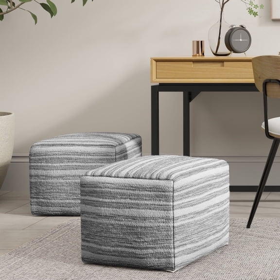 Simpli Home Simpli Home Carina Contemporary Square Square Woven Pouf in Black Melange, White