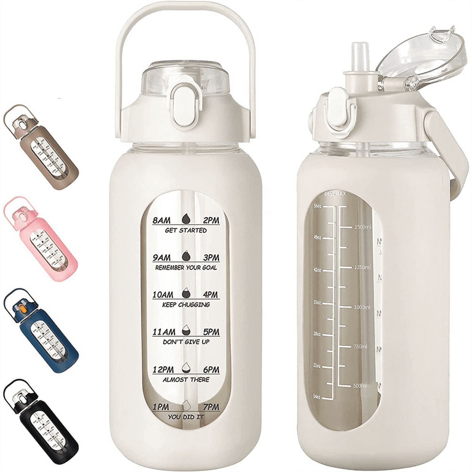 64Oz Glass Water Bottles with Straw, Glass Bottle with Silicone Sleeve and Time Marker, for Gym Home Office White