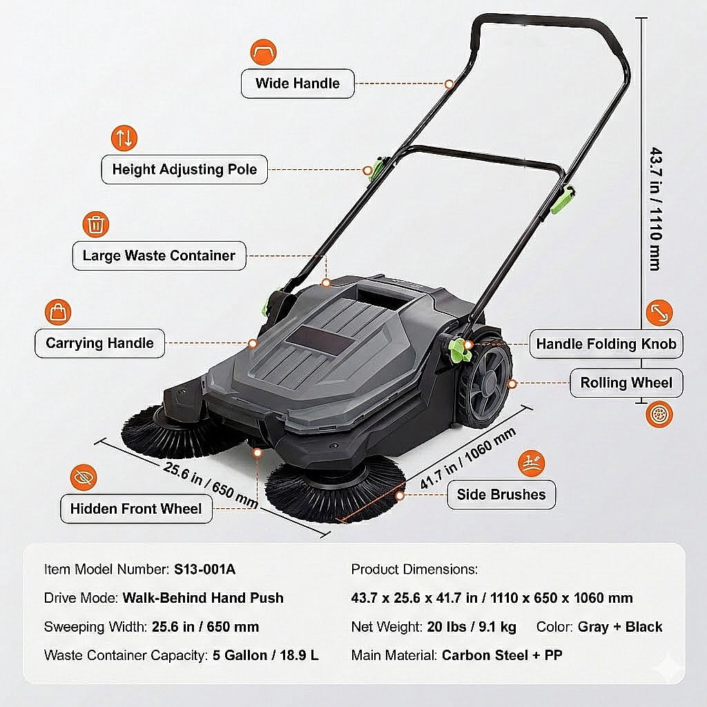 Walk-behind Hand Push Floor Sweeper, 25.6" Sweeping Width Floor Sweeper Manual Non-Electric, 5-Gallon Waste Container, Angle & Height Adjustable Folding Handle for Walkway, Yard, Garage, Patio