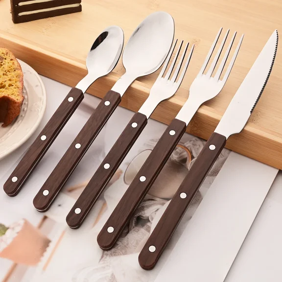 5pcs Imitation Wooden Handle Cutlery Set Knife Fork Spoon Tableware Flatware Clamp Stainless Steel Western Dinnerware Set