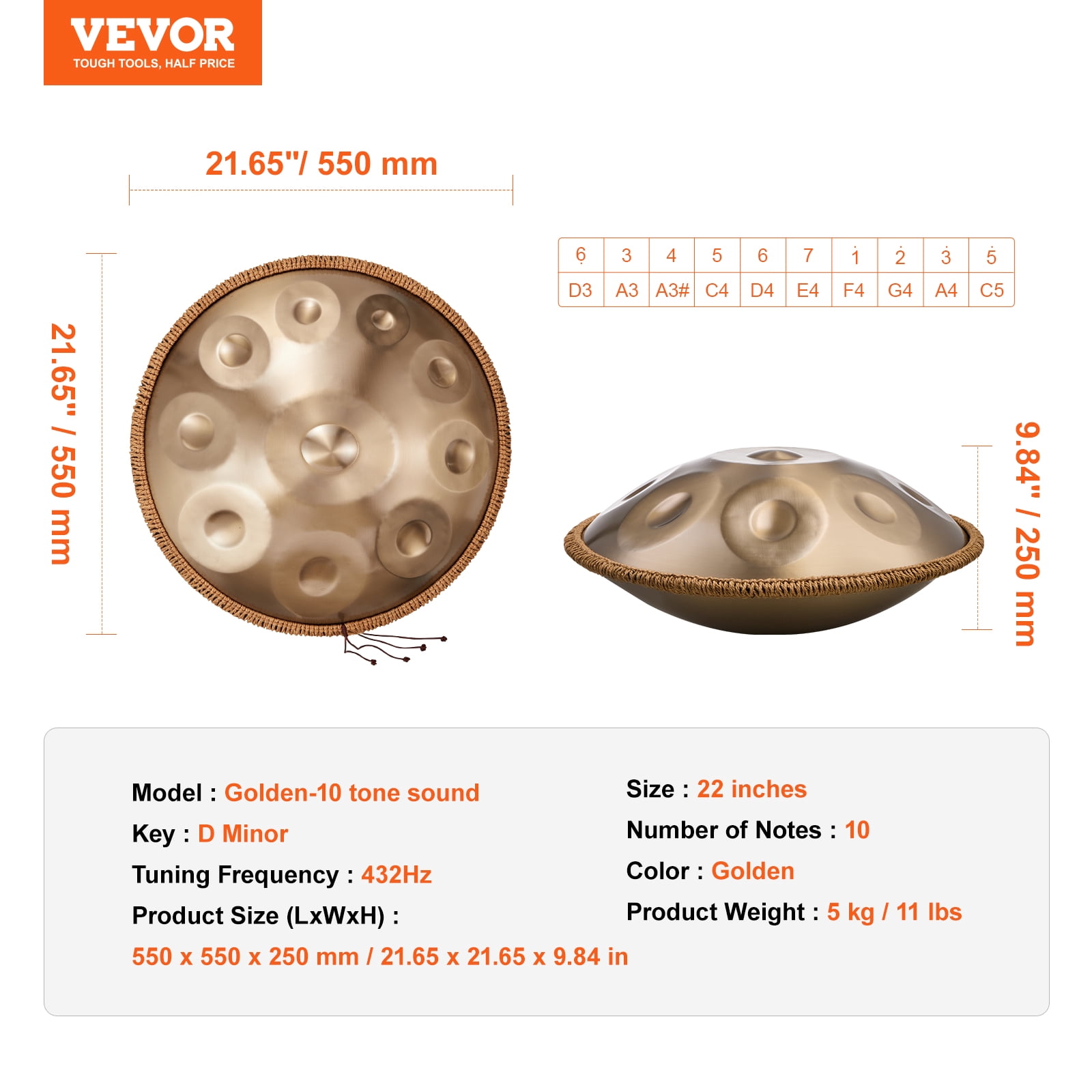 VEVOR Handpan Drum, 22 in & 10 Notes, D Minor Hand Drum, Hand Pan Drum Instrument with Mallets, 432Hz Handpan Stand & Carry Bag, Steel Healing Sound Drum, Percussion Instruments for Adults Beginners