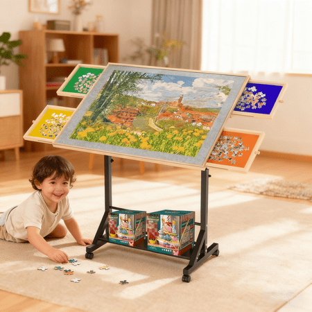 SDJPOI 1500 Pieces Large Puzzle Table with Drawer & Cover,360° AdjustableTilting Puzzle Table with Legs and Wheels 35 *27.17 Puzzle Board Table for Adults and Teens Christmas Birthday Gift