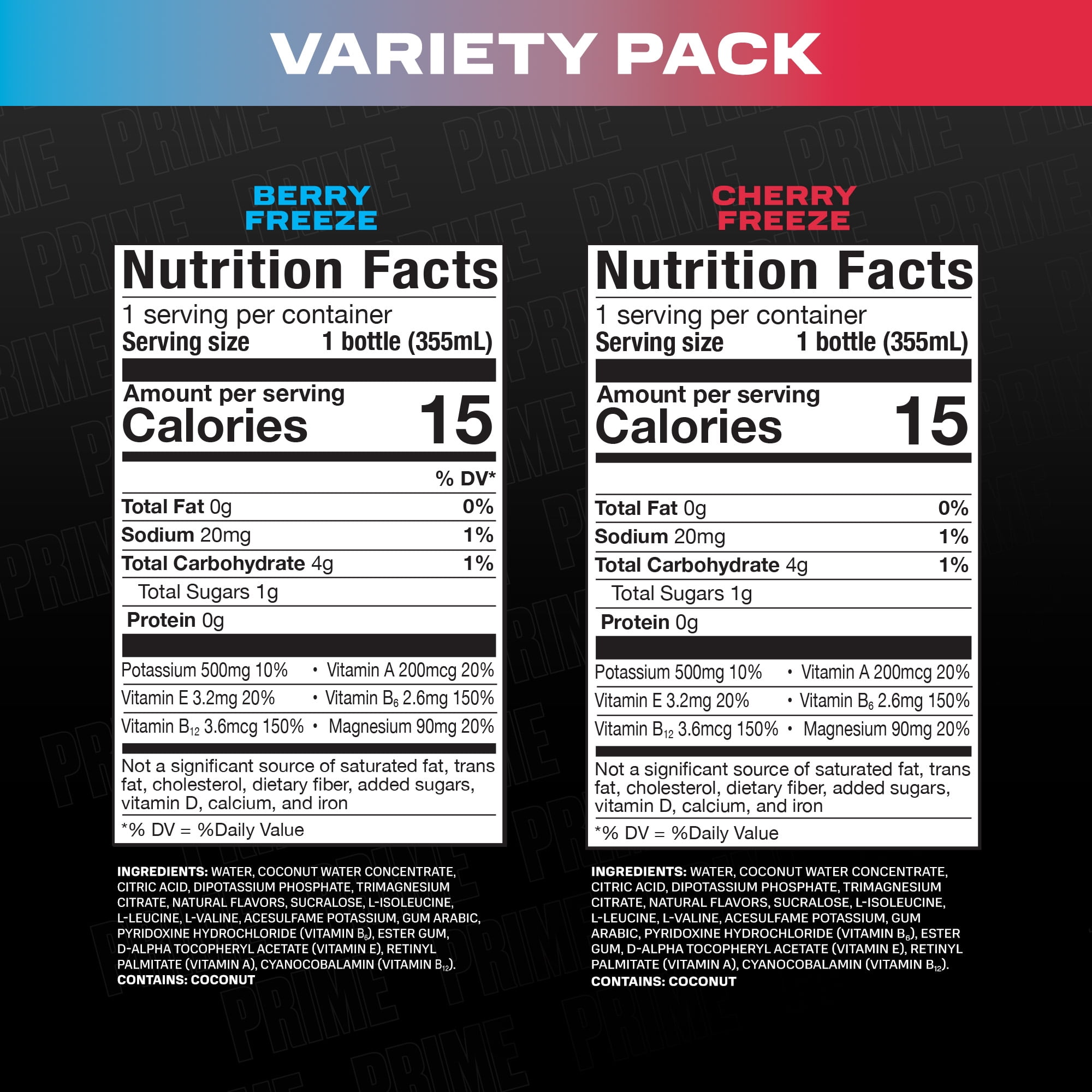 Prime Hydration Sports Drink, Duo Pack, Cherry Freeze, Berry Freeze, 12 fl oz, 8 Pack, Bottles