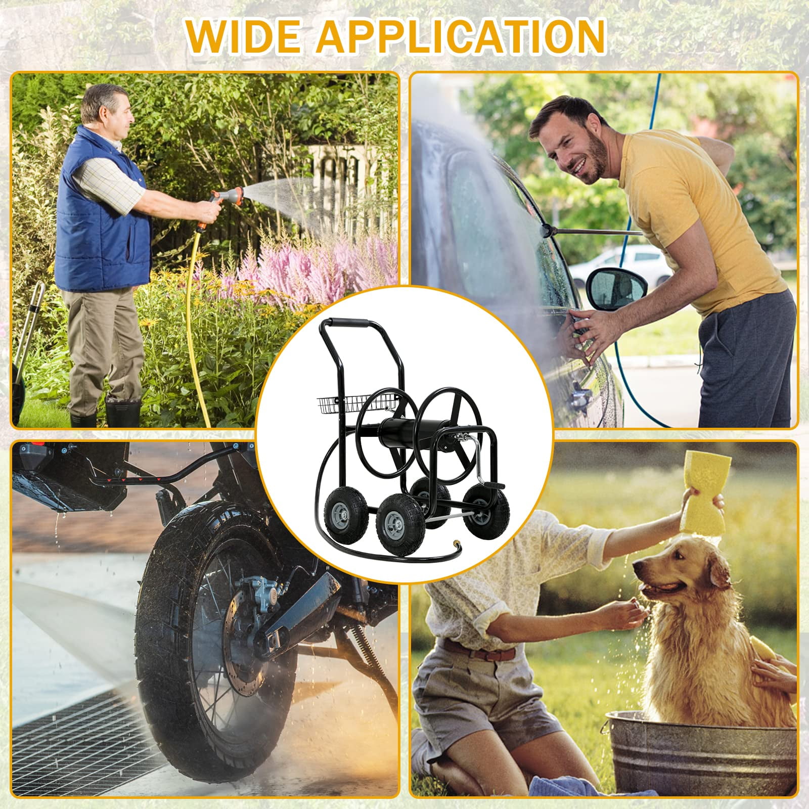 Garden Hose Reel Cart,  Hose Reel Cart with  4 Wheels, Heavy Duty Outdoor Water Planting Truck with Storage Basket (Black)
