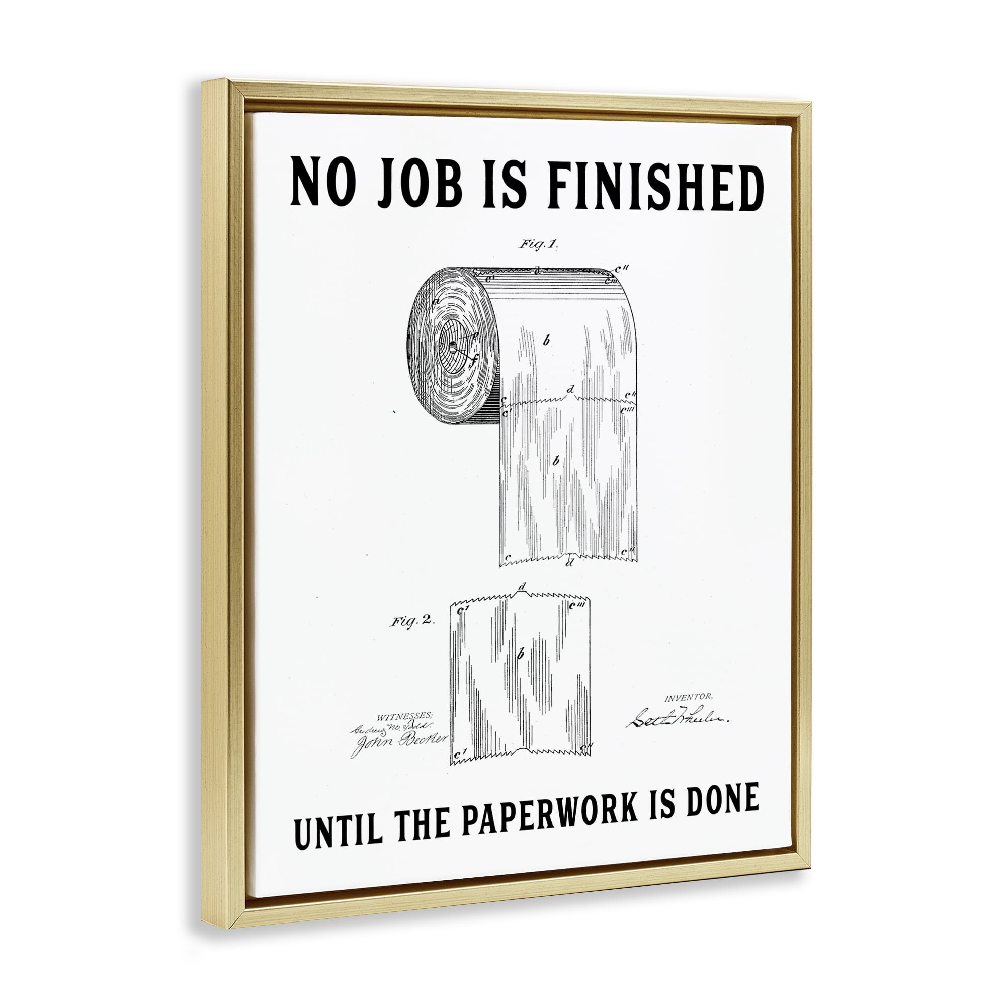 No Job Finished Toilet Paper Gold Framed Floater Canvas Wall Art, design by Lettered and Lined