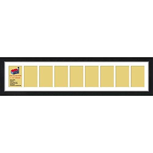 Matted Black Wood 9-Opening 4 x 6 Framed Collage Picture with a 1-inch matte border. This photo collage frame features a sleek black wooden frame and nine evenly spaced openings for 4x6 photos, ideal for creating a personalized photo or art print display. Suitable for home or office décor.