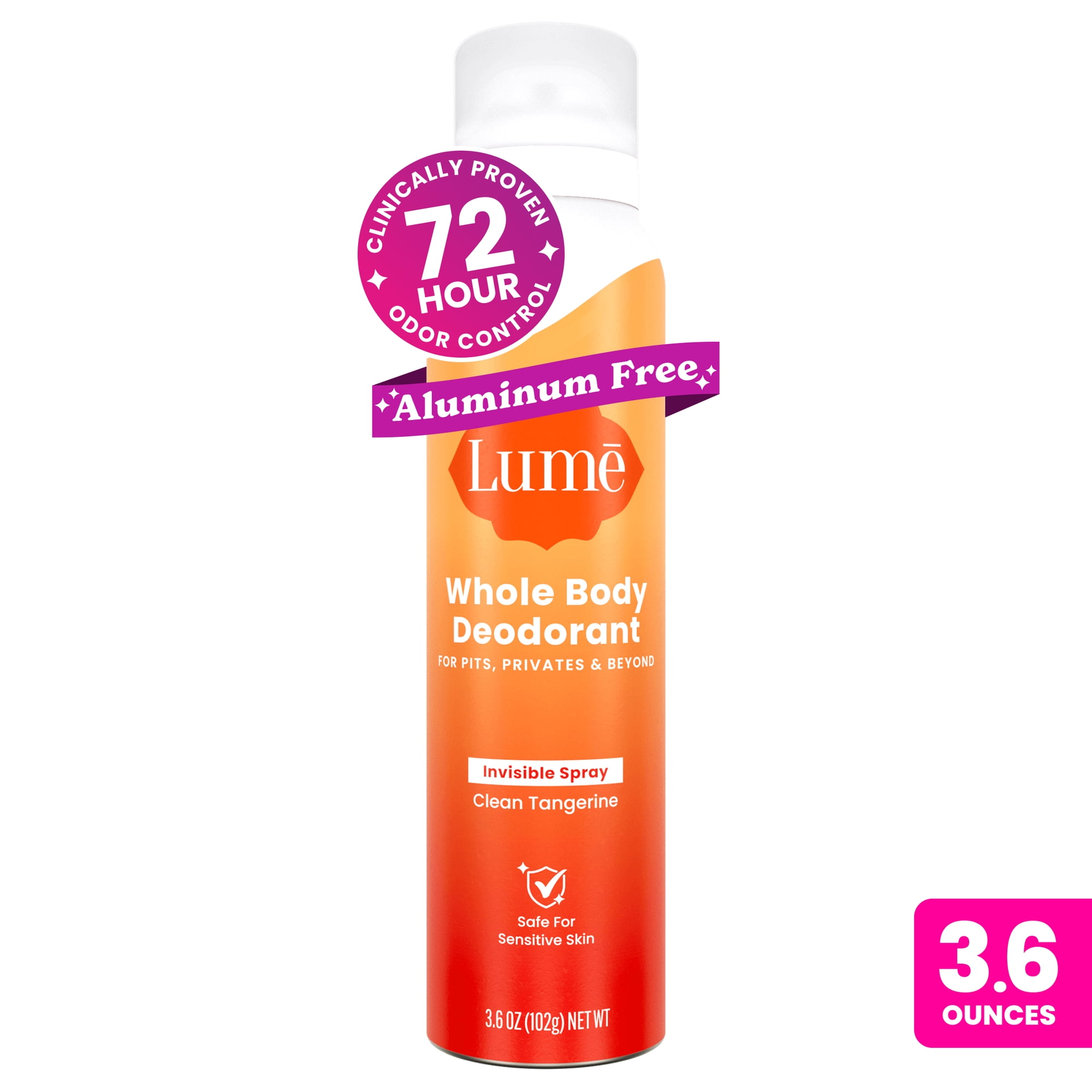Lume Whole Body Deodorant for Women, Spray Deodorant, Aluminum Free, Clean Tangerine, 3.6 oz