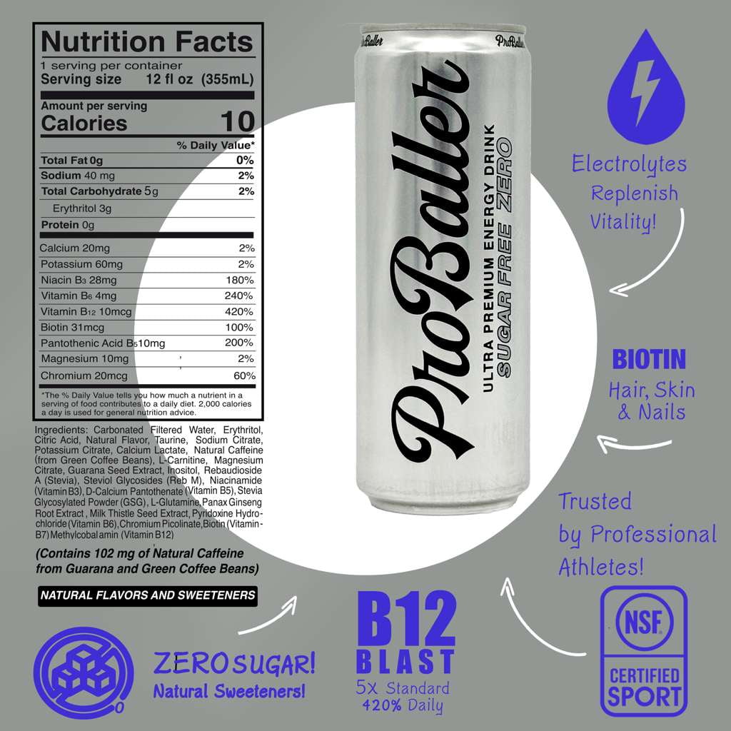 ProBaller Ultra Premium Energy Drink  - Natural Clean Ingredients - Biotin, Electrolytes, Guarana, Taurine, Essential B-Vitamins with B12 (Methylcobalamin)  more. 12 fl oz (pack of 15)