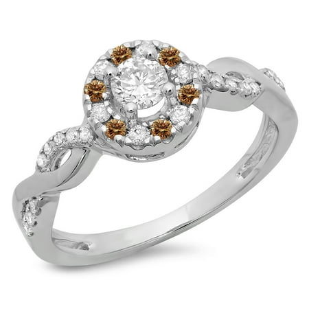 0.55 Carat (ctw) 18K White Gold Round Cut Champagne & White Diamond Ladies Swirl Bridal Halo Engagement Ring 1/2 CT