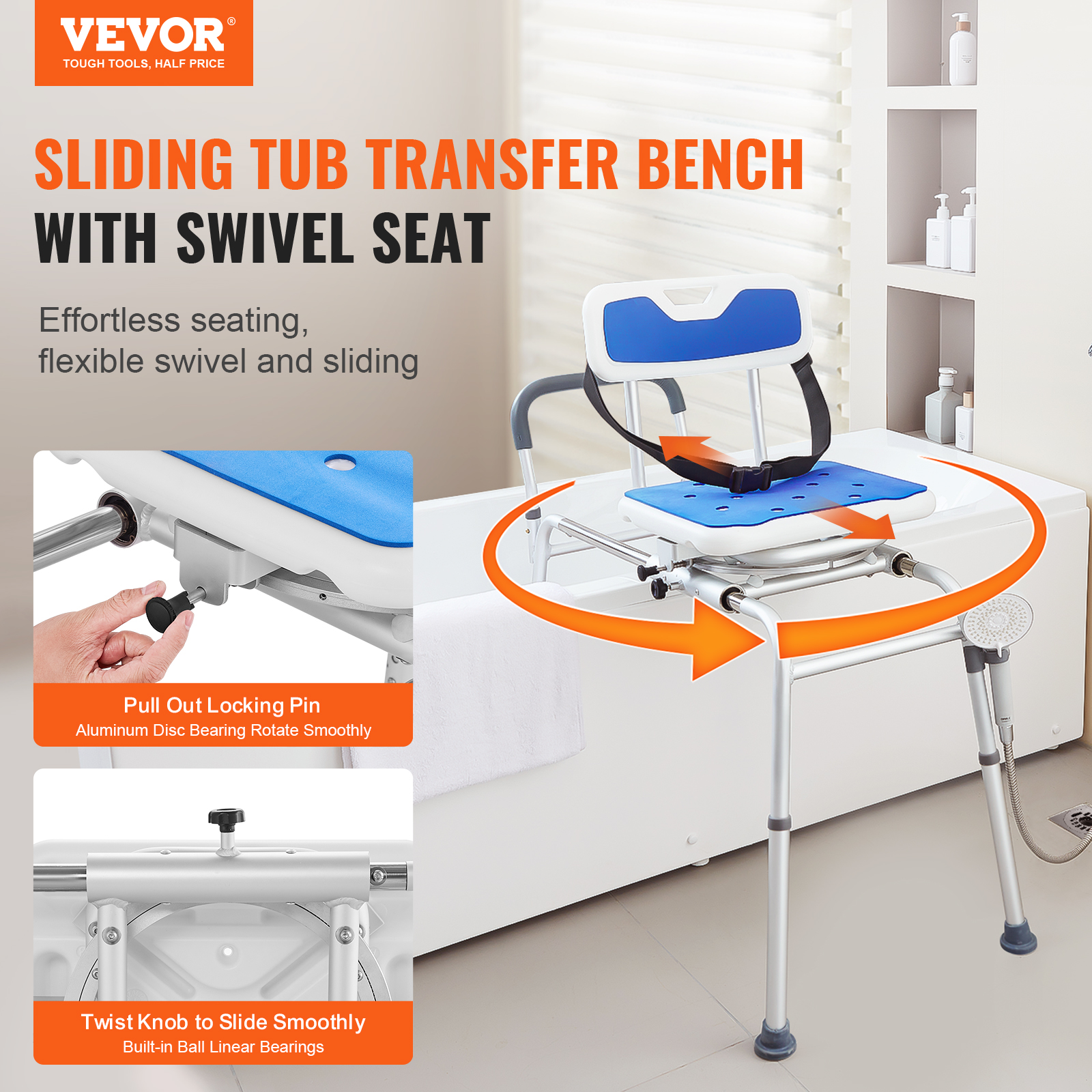 VEVOR Sliding Tub Transfer Bench with 360 Degree Swivel Seat, Height Adjustable Bathtub Transfer Bench with Armrest & Safety Belt, Non-Slip Rotating Shower Chair for Elderly Disabled
