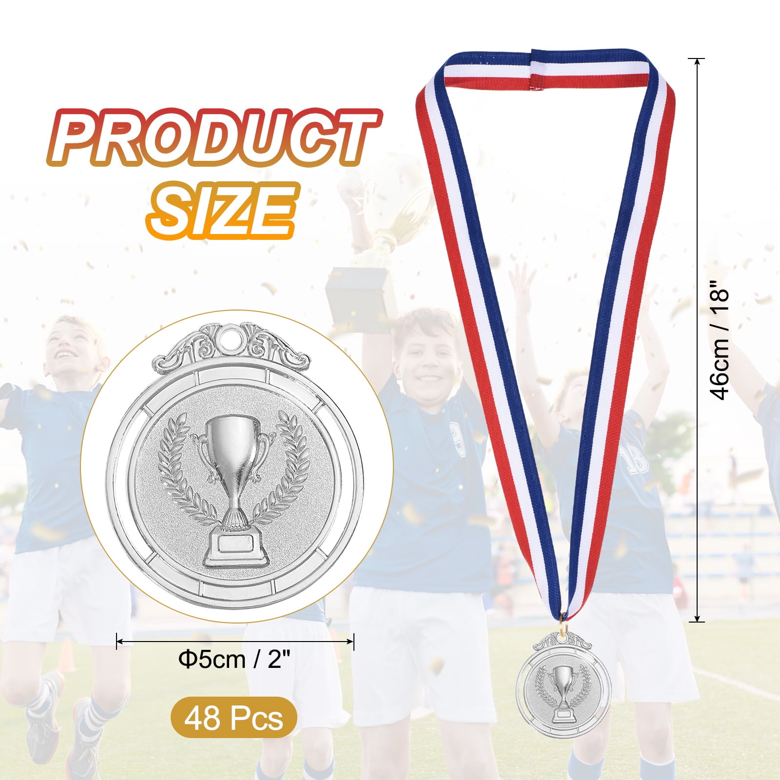Uxcell 2 Inch Silver Award Medals Metal Winner Medals with Neck Ribbon Trophy Pattern for Team Sports Games Party Favors 48 Pieces