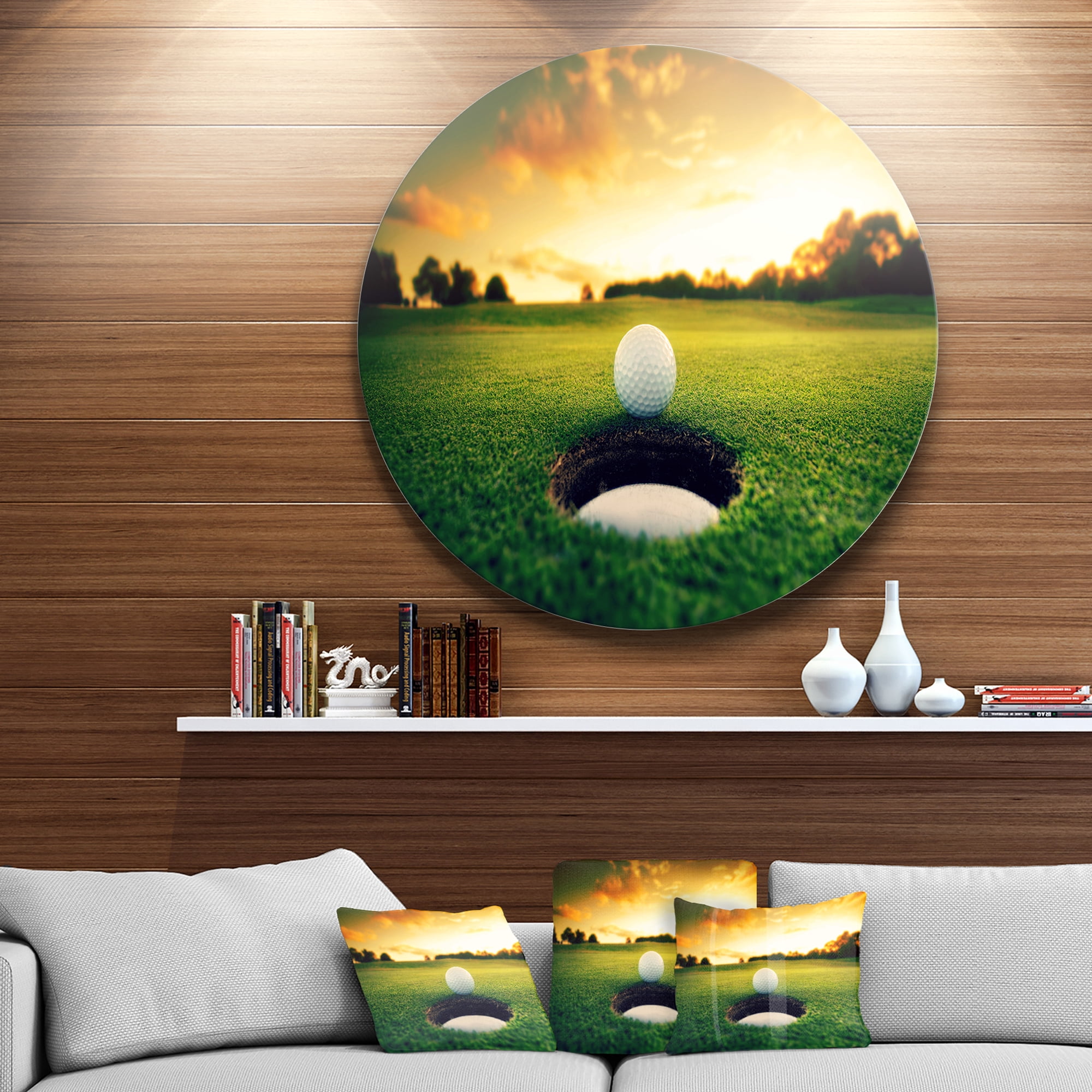 Designart 'Golf Ball Near Hole' Landscape Metal Circle Wall Art