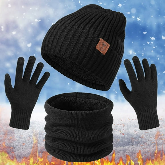 TOOYOU Men Women Winter Hat Warm Cute Wool Hat Scarf Gloves Slouchy Three Pieces Set Winter Snow Knit Cap Screen Mittens Scarves Sets For Winter Outings And Leisure Activities Black