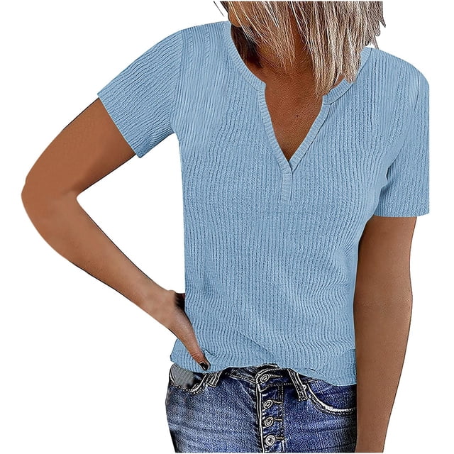 Blouses pour Femmes, T-Shirt Décontracté Col en V Uni Manches Courtes Ample