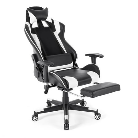 Ergonomic High Back Executive Office Computer Racing Gaming Chair with 360-Degree Swivel, 180-Degree Reclining, Footrest, Adjustable Armrests, Headrest, Lumbar Support, White