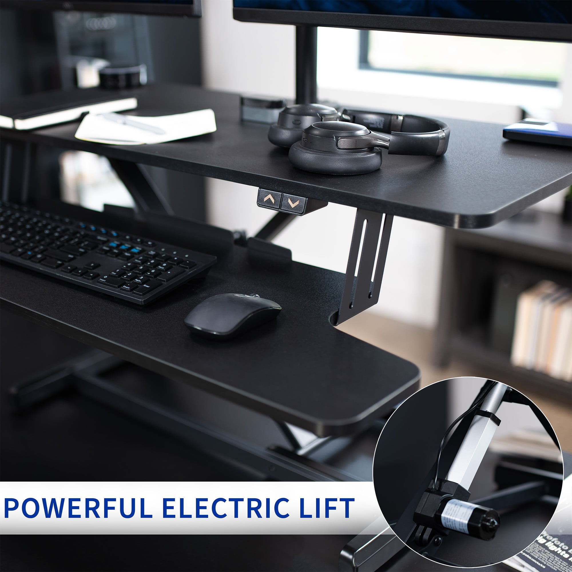 VIVO Black 36" Electric Desk Riser with Dual Monitor Arm for up to 30" Screens