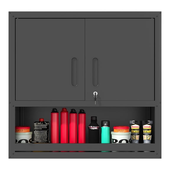 30"Locking Metal Wall Cabinets with Locking Door and Adjustable Shelf, Garage Cabinets Wall Mount with Open Storage, Metal Floating Hanging Storage Cabinet for Utility Room, Black