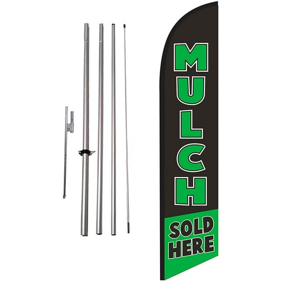 Mulch Sold Here Advertising Feather Banner Swooper Flag Sign with Flag Pole Kit and Ground Stake for Businesses, Patriotic Theme