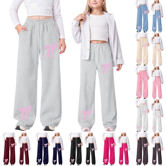 MUXiin Girl Sweatpants Bow Baggy Y2k Parachute Track Pants Elastic Waist Athletic Pants Open Bottom Fashion Casual Pants with Pockets Preppy Clothes for Girls