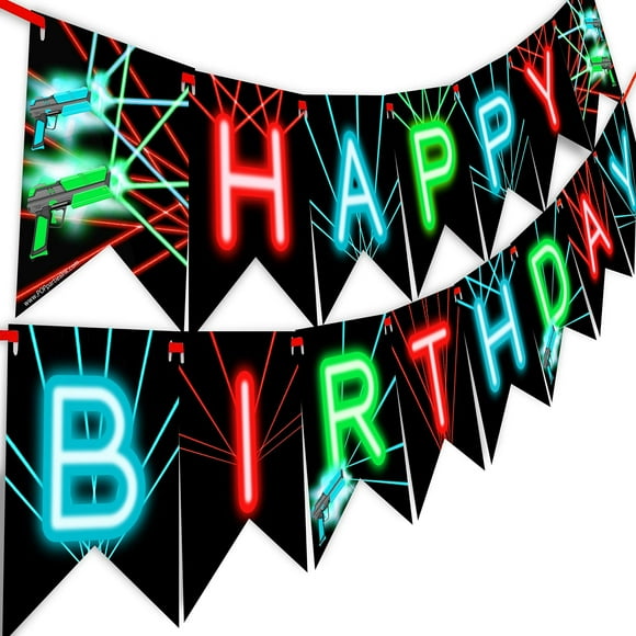 Neon Blast Laser Tag Party Banner - Vibrant Pennant Decorations for Happy Birthday Celebration - Exciting Laser Tag Party Supplies