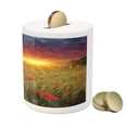 thumbnail image 3 of Flower Piggy Bank, Meadow with Grass and Poppies Dark Dramatic Sky in the Background, Ceramic Coin Bank Money Box for Cash Saving, 3.6" X 3.2", Green Scarlet Cadet Blue, by Ambesonne, 3 of 4