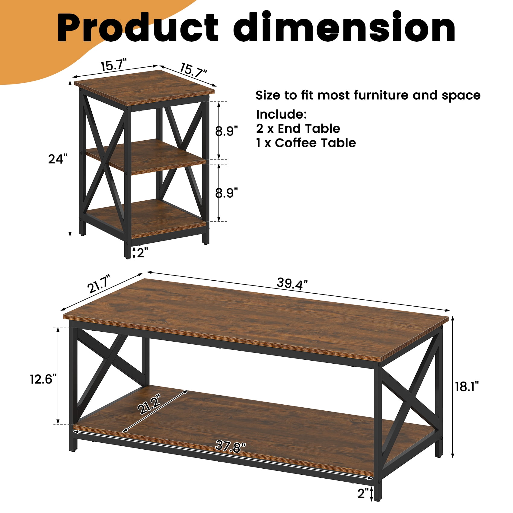 Timagebreze Wood 3-Piece Table Sets Includes 1 and 2 End Tables Home Accent Furniture for Living Room