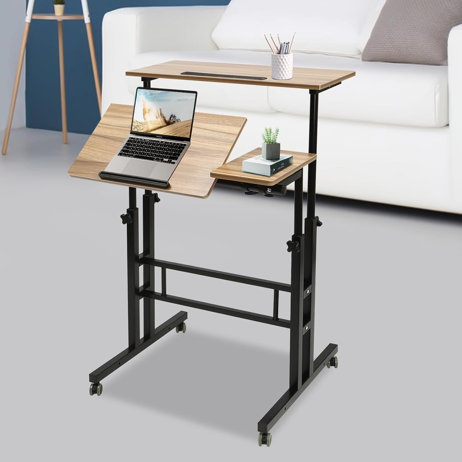 Mobile Stand Up Desk Adjustable Laptop Desk with Wheels Storage Rolling Table Cart for Standing or Sitting, for Home Office Workstation, Iron-Brown, 28.5-49.5in