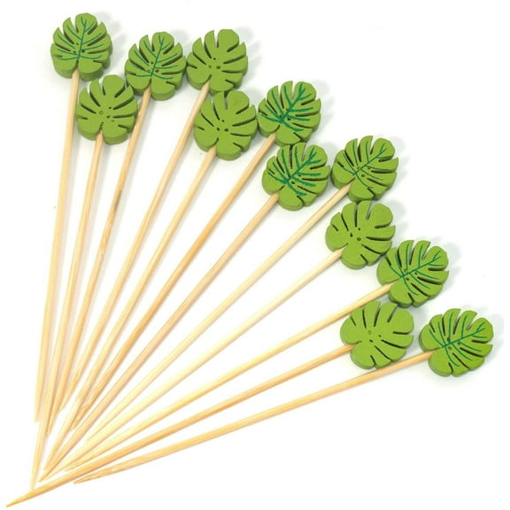 Green Leaf Cocktail Picks 5 Inch Long Bamboo Fancy Toothpicks for Appetizers Drinks Fruits Spring Summer Party Food Garnish Skewer Sticks 100 Counts