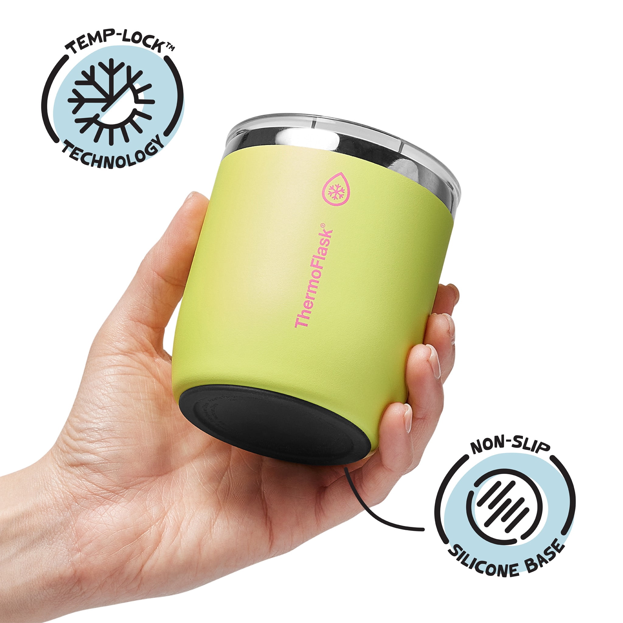 ThermoFlask Drinkware 10 oz Lowball Tumbler - Double-Wall Insulated for Cold & Hot Drinks - Lightweight & Simple with innovative Press In Slider Lid - Modern & Durable - Unmellow Yellow