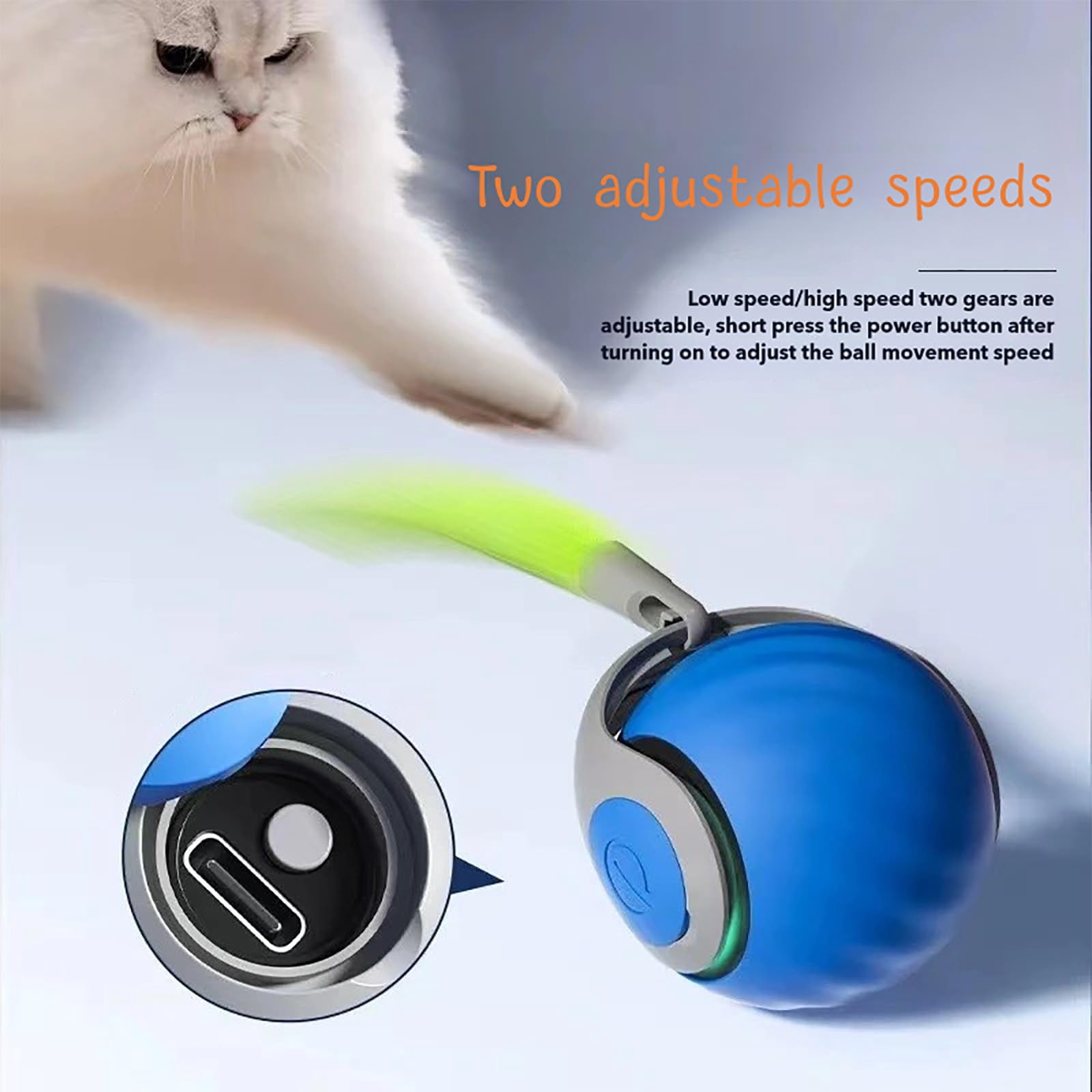 Speedy Tails 2.0, Interactive Speedy Tails Cat Toy for Indoor Cats, Automatic Moving Ball, USB Rechargeable Smart Cat Toys Ball, Two Speed Adjustment, with Replacement Tail