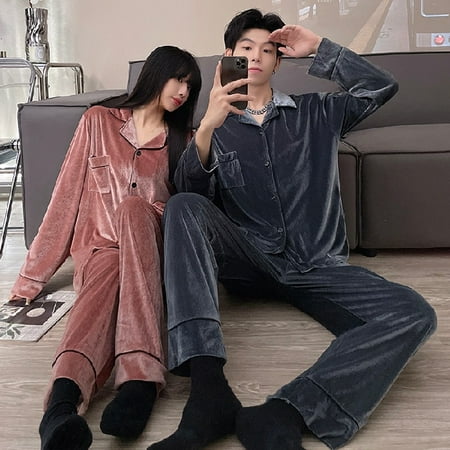 

DanceeMangoo Autumn Winter Flannel Mens Pajamas Set Solid Warm Golden Velvet Women Sleepwear Couple Pajama Sets Sleep&Lounge Home Clothes