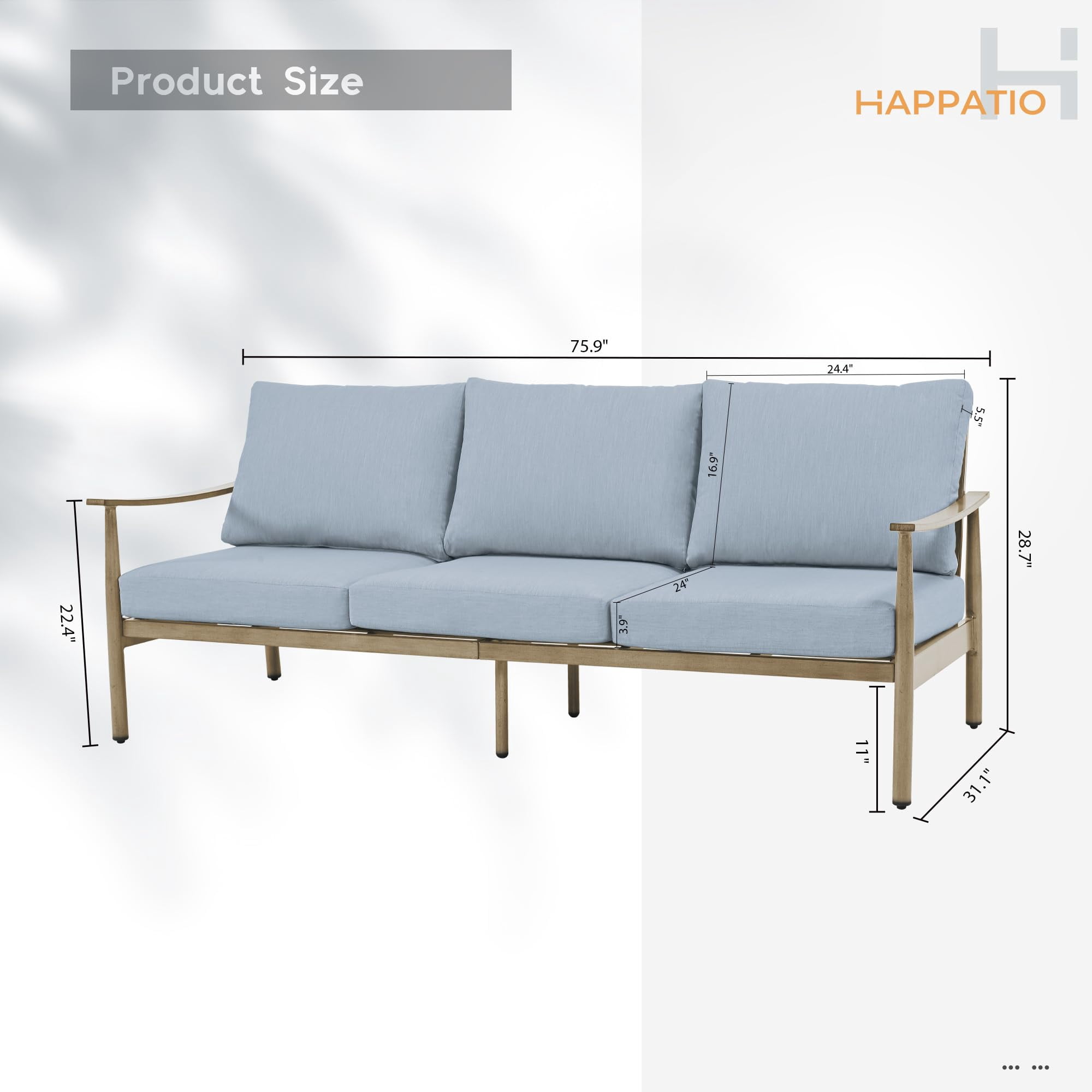 Patio Furniture Aluminum 3 Seats Sofa Outdoor Couch with Thick Cushion and Rope Backrest